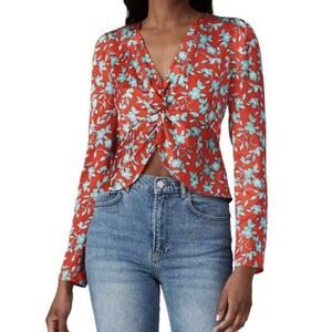 Love, Whit by Whitney Floral Long Sleeve Crop Satin V Neck Top Size Medium Red